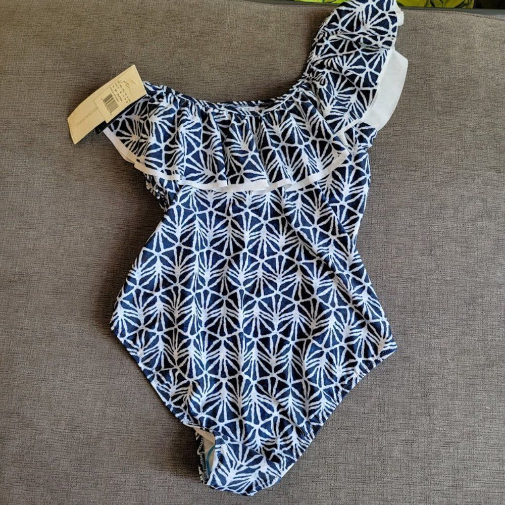 Gottex Blue & White Nomad Ruffle One Shoulder One Piece Swimsuit Tall Si…